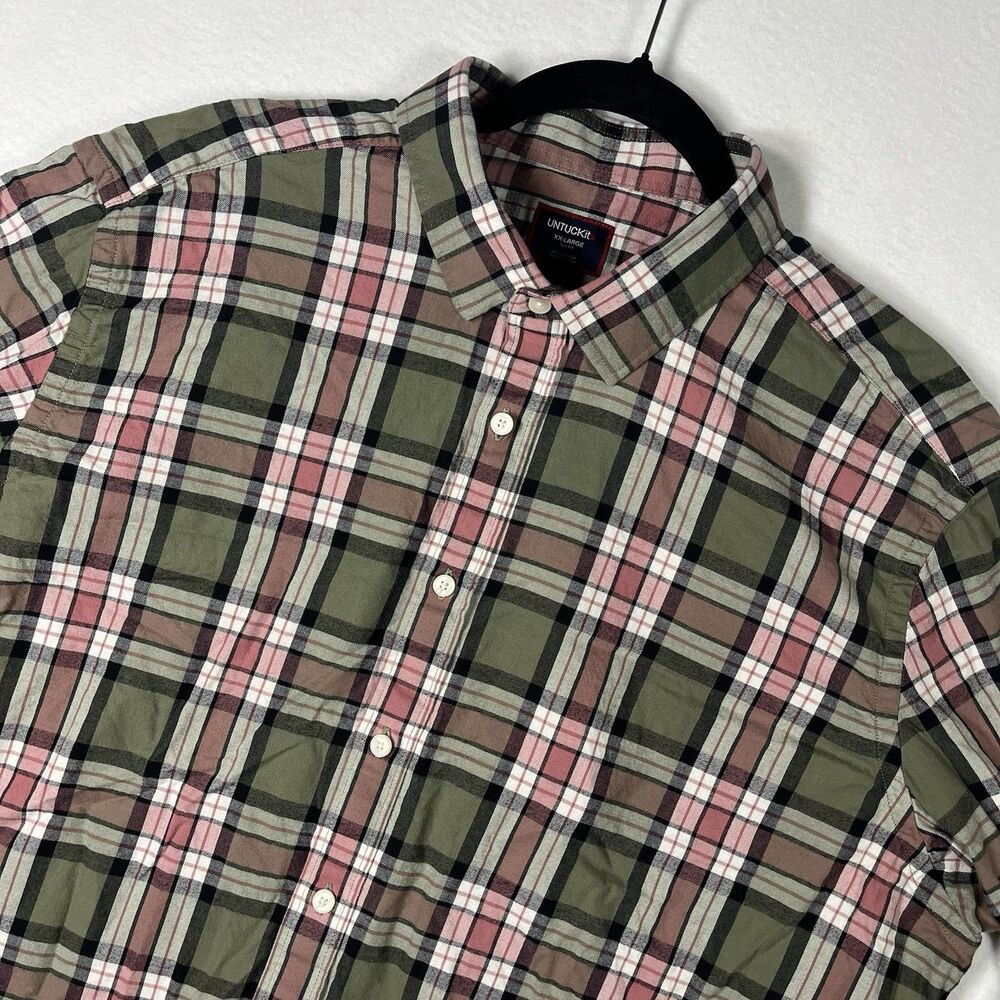 UNTUCKit Larson Flannel Shirt Mens XX-Large Tall 2XLT Green Peach Plaid Cotton